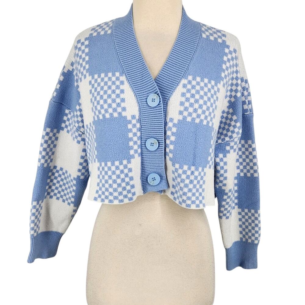 Cider Check Cropped Cardigan Sweater – Blue/White  Check – Size Medium